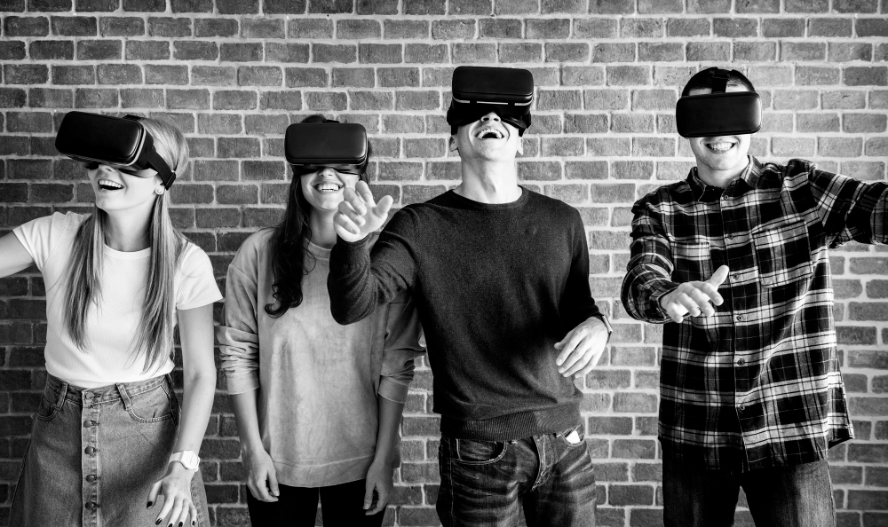 Visitors using VR headsets inside a virtual Indian museum