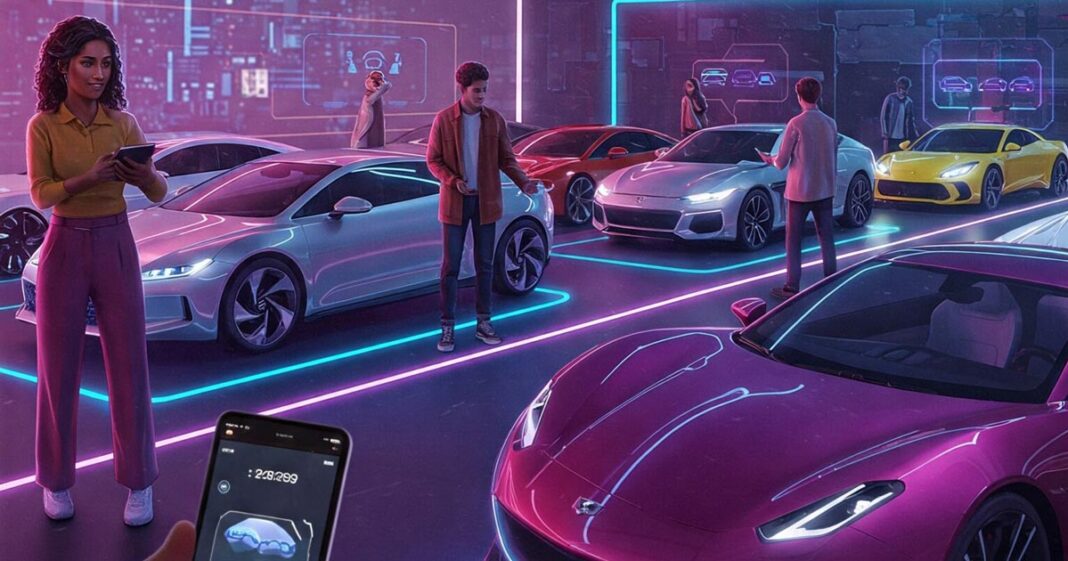 Young Indian man using a car subscription service in 2025 with an electric vehicle in an urban setting
